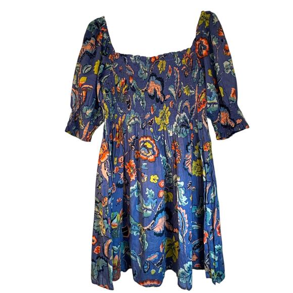 Velvet by Graham & Spencer Blue Floral Smocked  Mini Dress - Size L - Picture 3 of 13